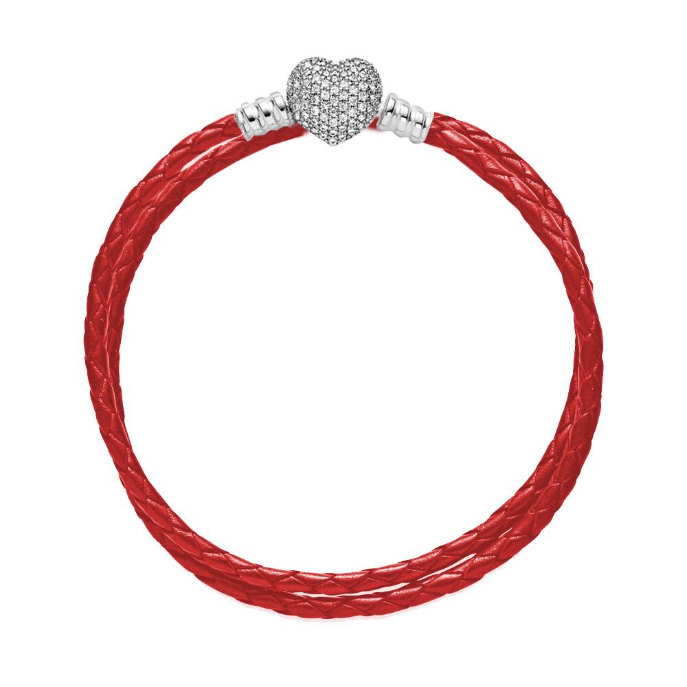 Pulseira de couro trançado duplo para mulheres joias casuais presente de aniversário pulseira de fecho de coração de prata 925