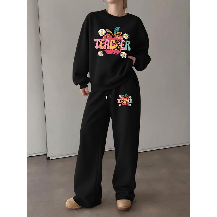 Women's Crewneck Sweatshirt & Drawstring Straight-Leg Pants Set – Cartoon Apple 'TEACHER' Print, Comfortable & Casual