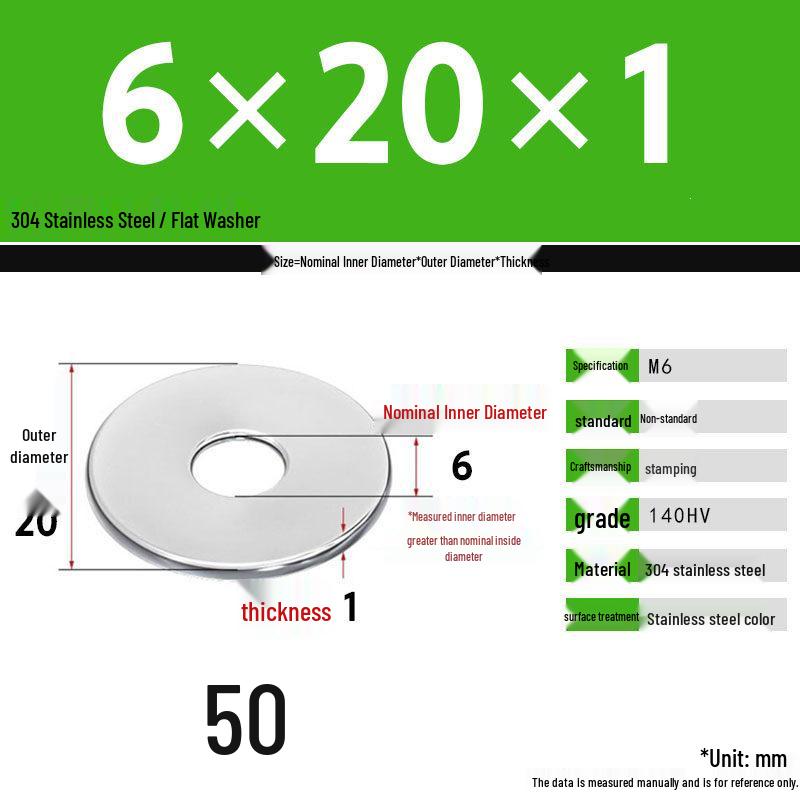 304 Stainless Steel Thickened Flat Washer Set, Sizes 2-36