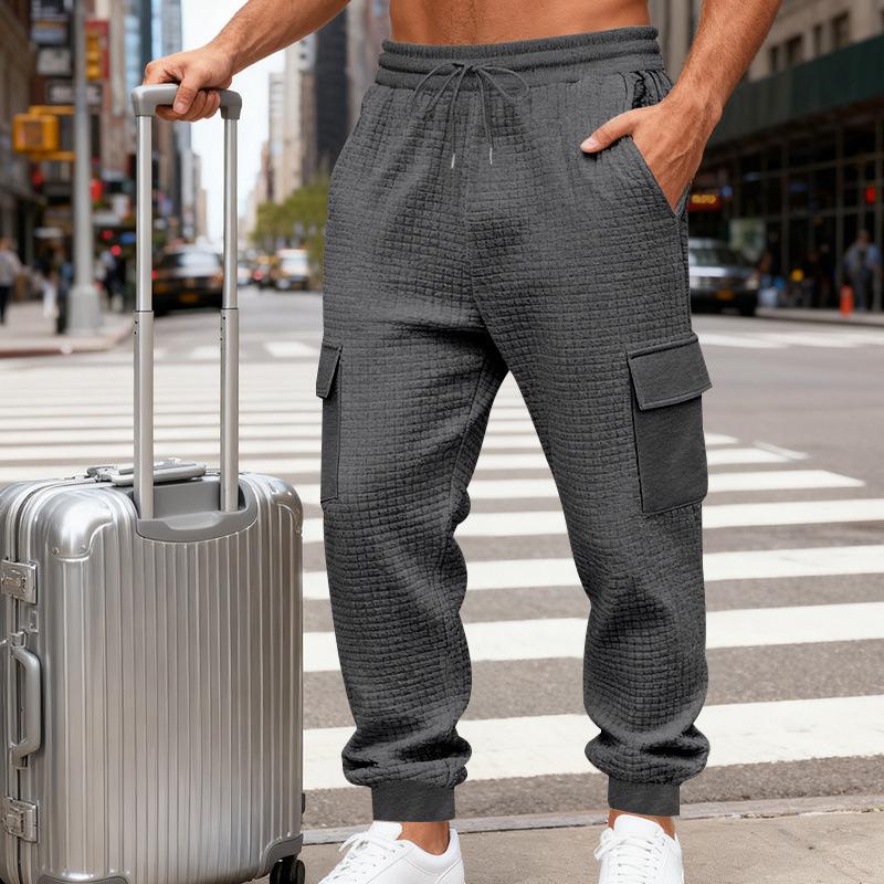 Spring and autumn jacquard checkered jogger pants, casual long pants for men, versatile and stylish multi-pocket trousers