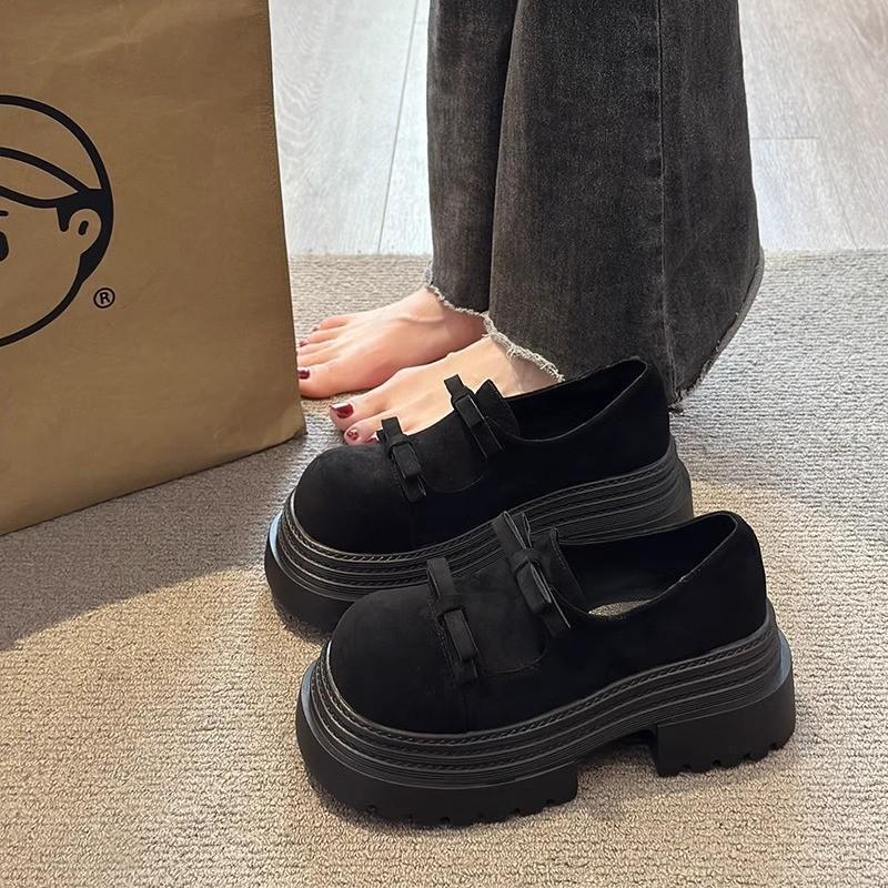 

British style loafers women s 2025 autumn new one-pedal bow platform shoes matte retro shallow mouth single shoes 40 чёрный