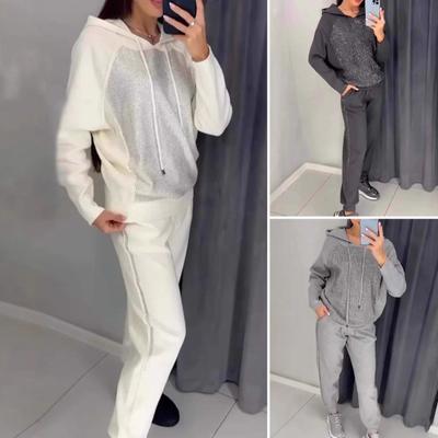 2 Pcs/Set Women Hoodie Pants Suit Rhinestone Decor Long Sleeves Patchwork Sport Sweatshirt Elastic Waist Trousers Fitness Outfit Fall Spring Tracksuit