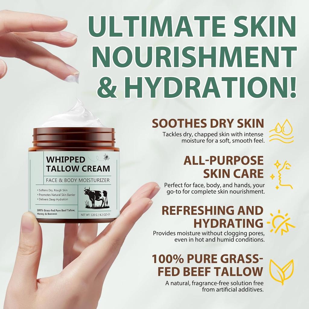WHLH & WELL-BEING Beef Tallow for Skin, Beef Tallow and Honey Balm, All-Natural Ingredient Moisturizer for Face & Body Skin Care 1Pack