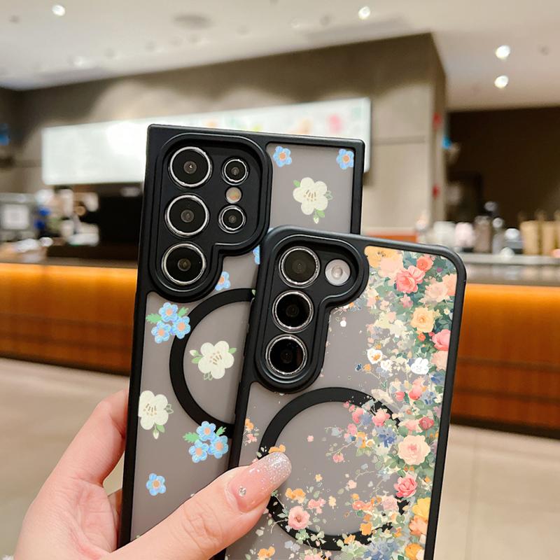 Colorful Flowers Magnetic Case For Samsung Galaxy S24 S23 Ultra Plus S23 FE S22 For Magsafe Wireless Charge Acrylic Phone Cover