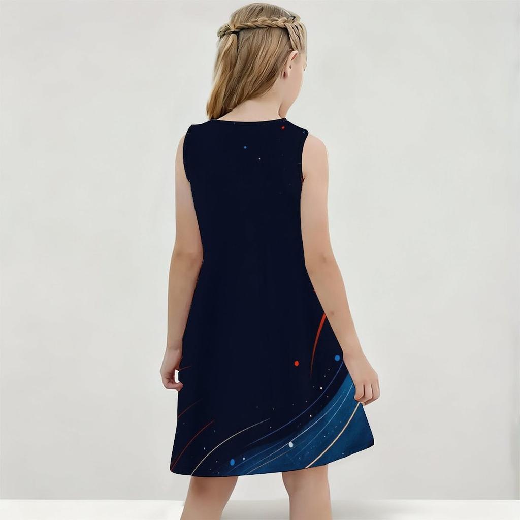 Girls Round Neck Sleeveless Galaxy Printed A Line Flared Dress Red White Blue
