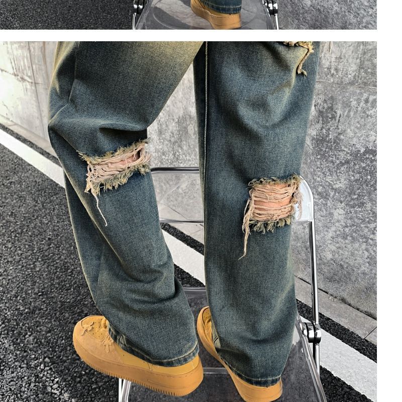 Men's Jeans Summer American Retro High Street Vibe Hole Pants Loose Design Sense Niche Wide-leg Pants