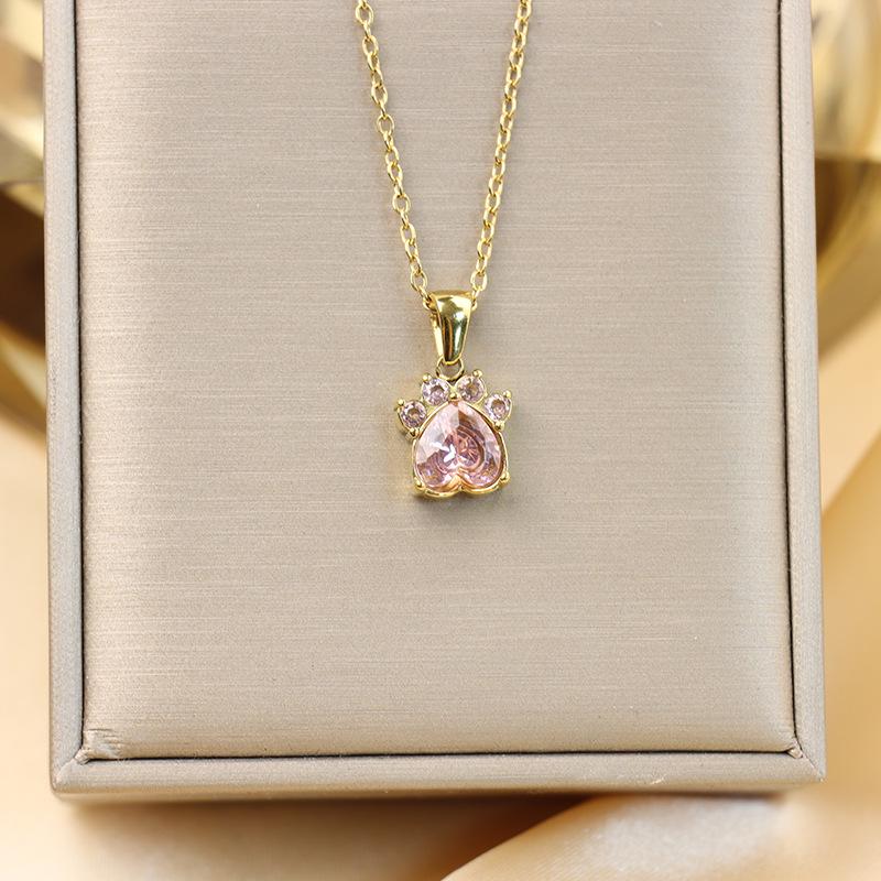 18K Gold-Plated Titanium Cat Paw Pendant Necklace with Colorful Zircon Hearts for Women