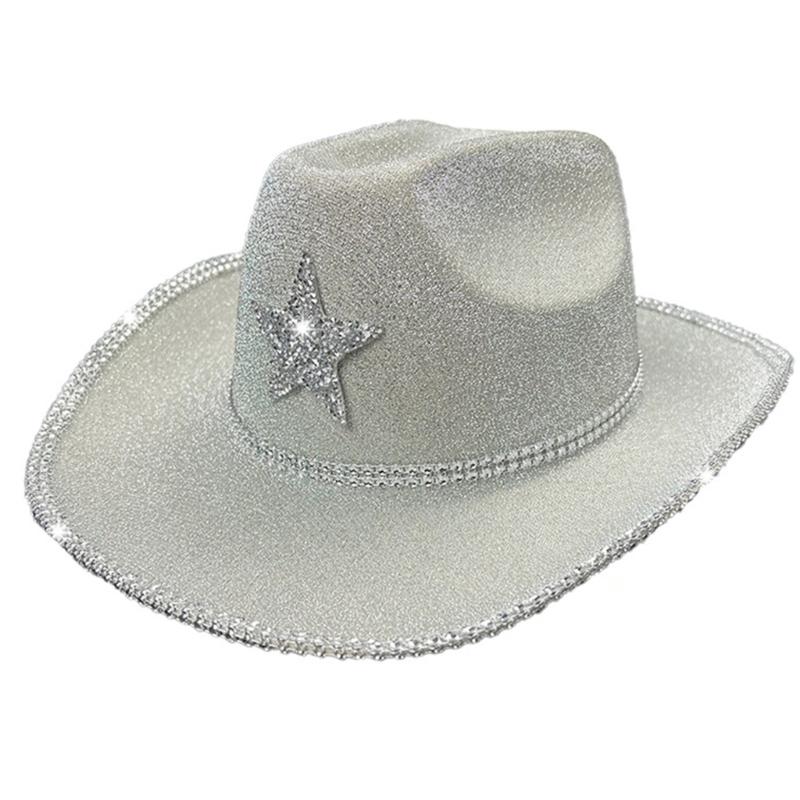 Elegant Cowboy Hat for Music Festival Adult Unisex Party Cowgirl Hat Glittering Powder Panamas Hat Cool Costume Headwear