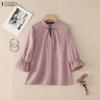 ZANZEA Womens Round Neck Casual 3/4 Sleeve Lace Patchwork Blouse