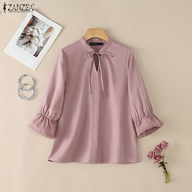 ZANZEA Womens Round Neck Casual 3/4 Sleeve Lace Patchwork Blouse