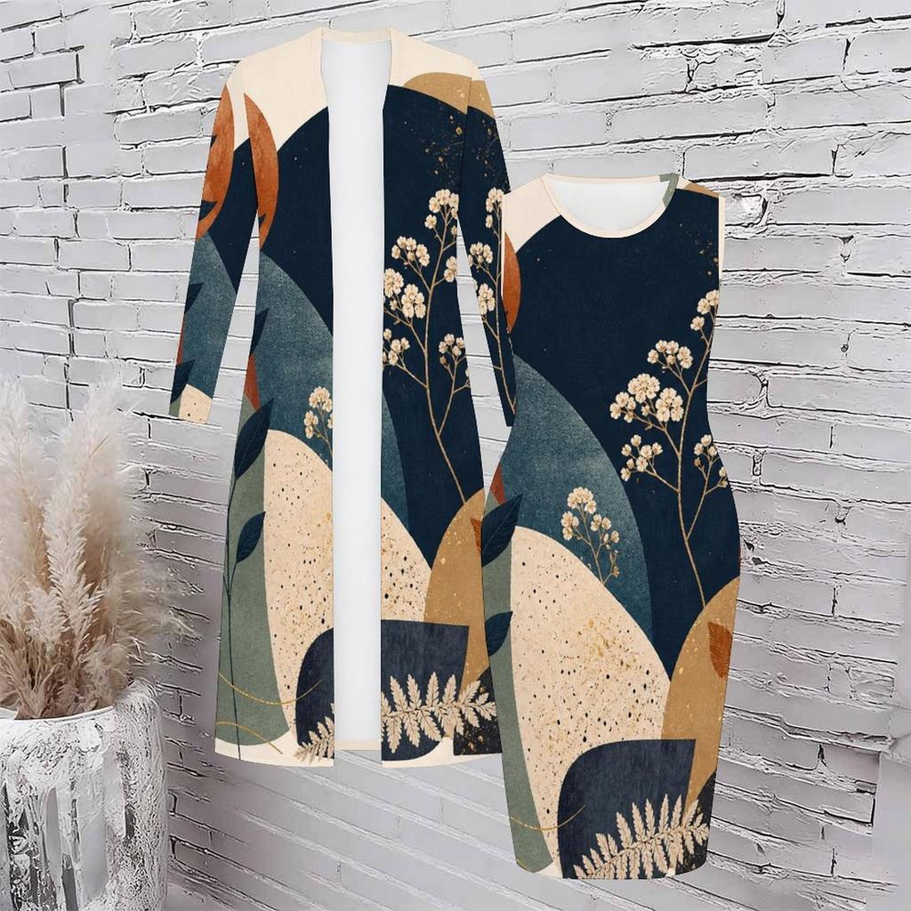 Women Plus Size Two Piece Set Long Sleeve Open Front Cardigan Sleeveless Round Neck Bodycon Printed Dress Blue White Beige
