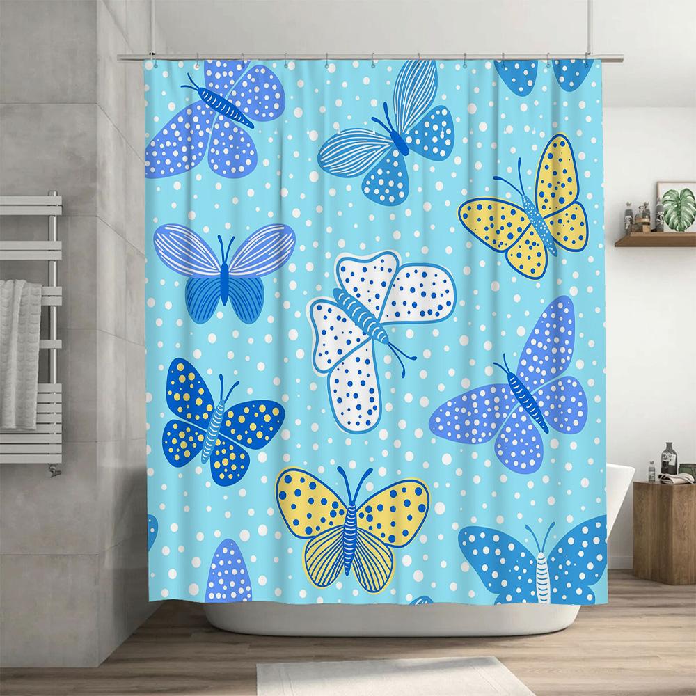 Butterfly Pattern Shower Curtain Waterproof Bathroom Decoration 180x275cm Blue Yellow White Polka Dot Bath Tapes Shower Curtain