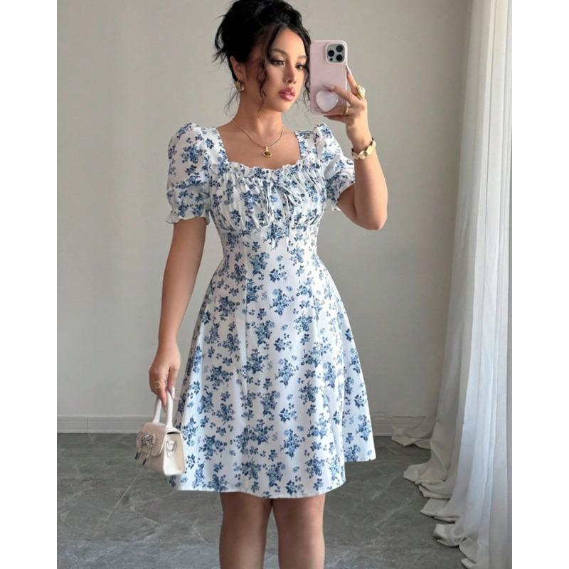Square Collar Summer Puff Short Sleeve Floral Dress Fashion Elegant Slim Fit A-line Party Short Dress Female Casual Sweet Holiday Clothing