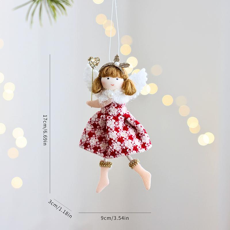 WTEMPO Christmas Angel Girl Doll Decorations Christmas Tree Hanging Ornaments Plush Checkered Skirt Pearl Headwear Doll Pendants Festive Party Gifts