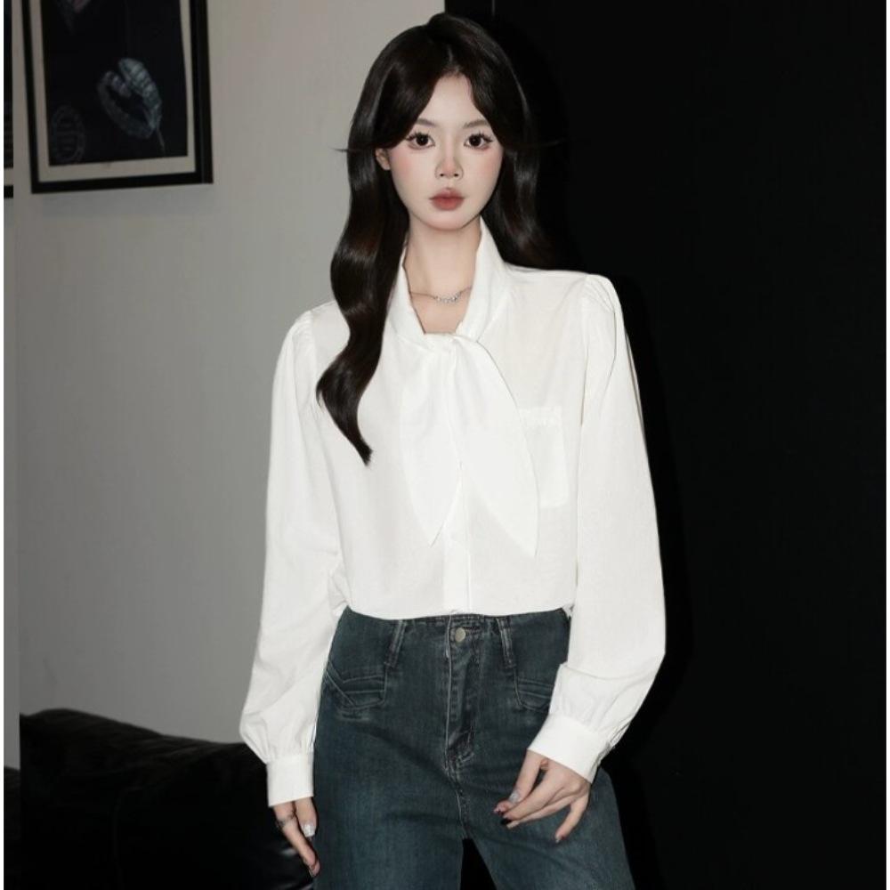 

Chic French White Tie-Up Long Sleeve Women s Autumn Shirt - Casual Korean Style Loose Slimming Top M (High Quality) белый