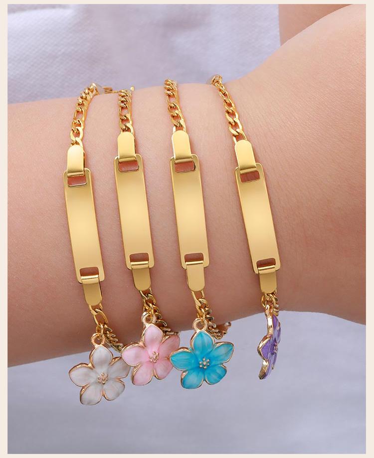 Stainless Steel Engravable Bar ID Namedate Bracelet, Cherry Blossom Charms Kids Bracelet, Personalized Newborn Birthday Gift