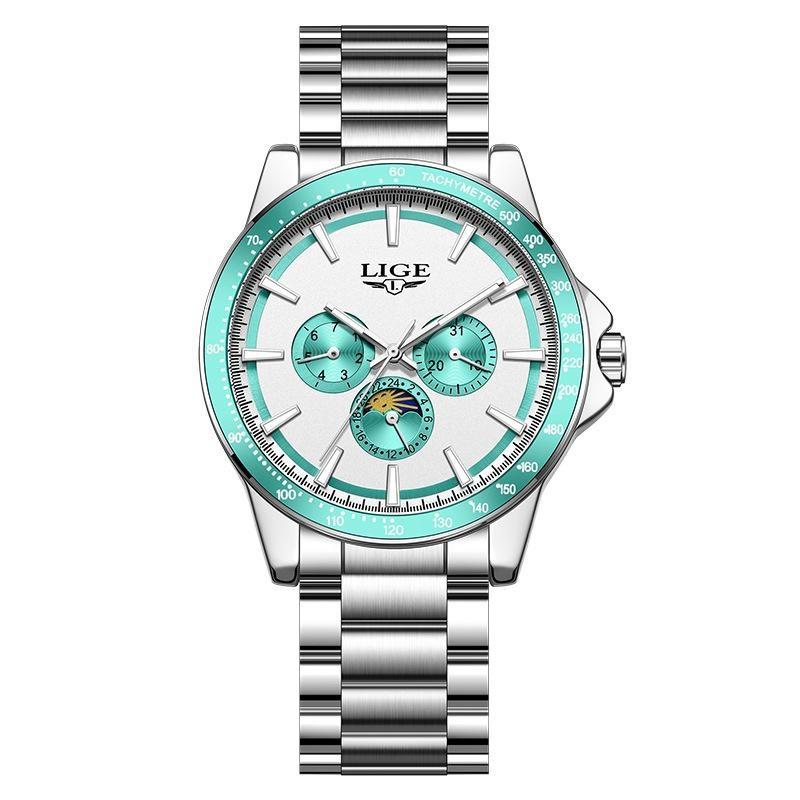 LIGE Unique Dial Quartz Man Watch Stainless Steel Business Luxury Clocks 24-Hour Moon Phase Waterproof Date Week Watches