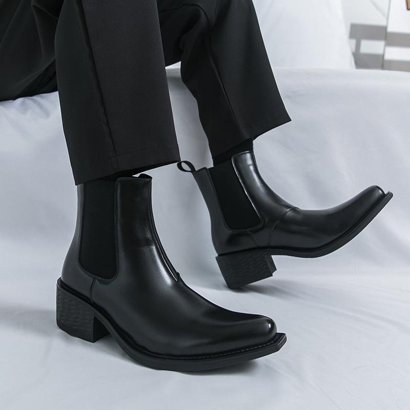 Men's Large Size Pointed Toe Leather Chelsea Boots with Thick Soles and High Heels - British Style Height Increasing Short Boots.