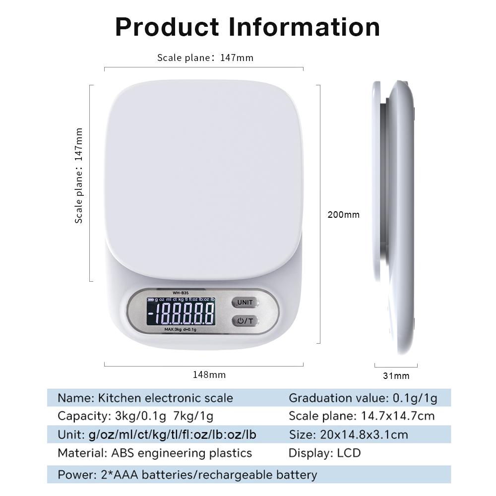Digital Scale 3kg/0.1g 7kg/1g Precise Kitchen Scale for Baking/Keto/Coffee LCD Display Food Weight Scale Weight Balance Tool