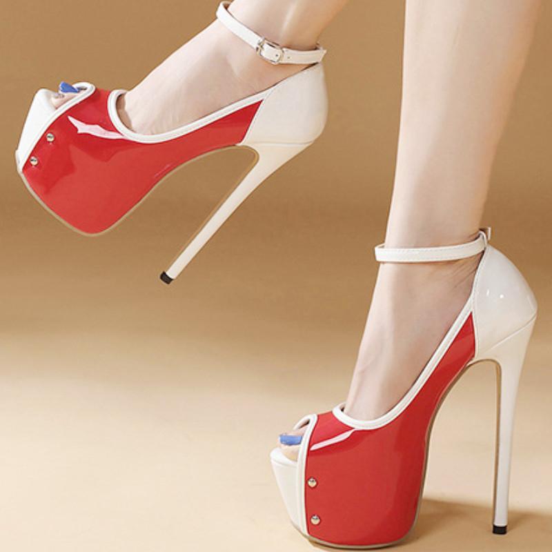 Fashion Patchwork Buckle Slide Sandals Women 16 Cm Super High Heel Large Size Women Sandals Comfortable Patent Leather Party Dress Shoes