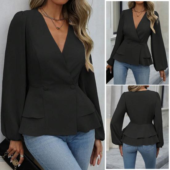 Women Tops V Neck Long Sleeve Slimming Blouse Waist Tight Ruffle Trim Hem Solid Color Shirt Tops Daily Wear