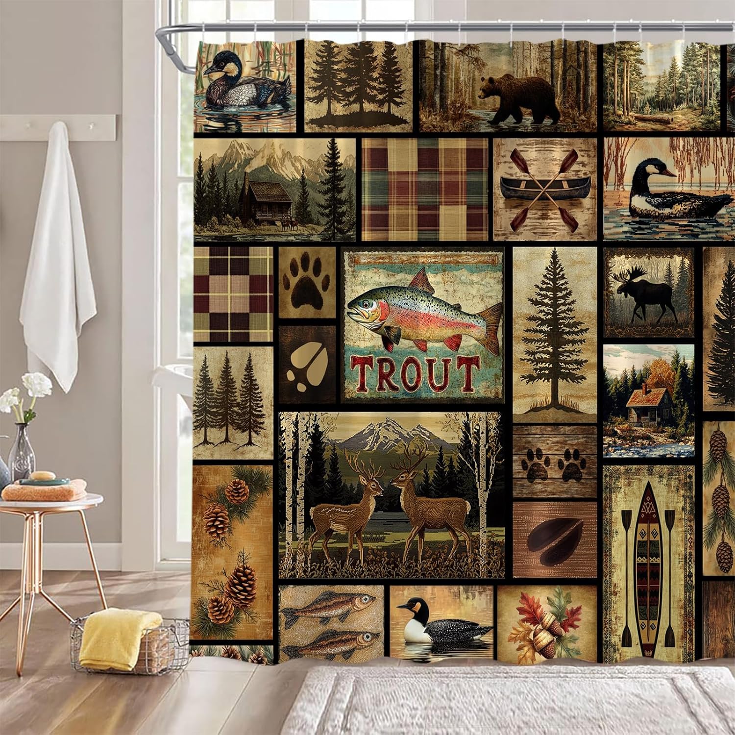 

Rustic Farmhouse Shower Curtain,Cabin Bear Deer Fishing Forest Animal Country Lodge Camping Primitive Brown Bathroom Homecurtain W60H190(CM)-1 Pcs