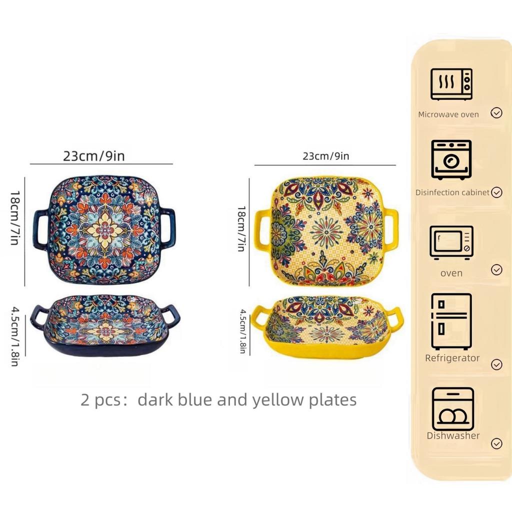 Hand-painted Bohemian Ceramic Baking Dish Square with Handles For Pasta and Desserts Suitable for Oven and Microwave.