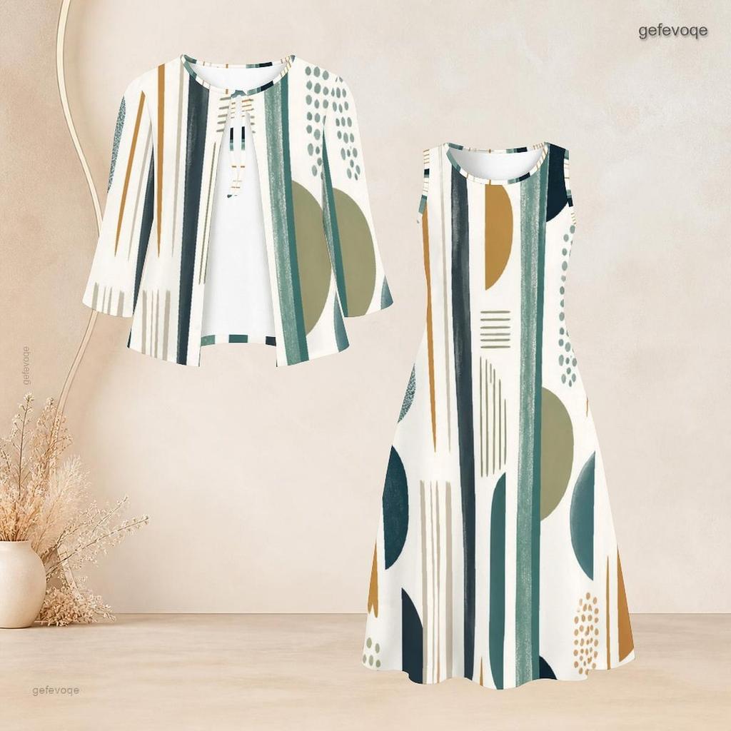 Women Plus Size Abstract Printed Two Piece Dress Set Three Quarter Sleeve Cardigan Sleeveless Long Dress