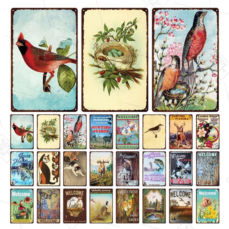 Animal Metal Sign Vintage Forest Park Doorplate Cat Bird Metal Tin Plate Fishing Plaque Bar Wall Sticker Farm Home Decoration