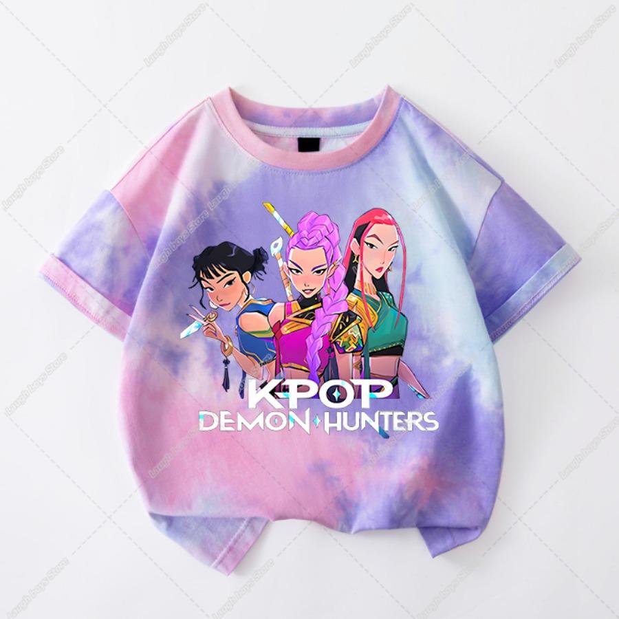 Kawaii KPop Demon Hunters Tie-dye T-shirt Girls Short Sleeve Tops Rumi Mira Zoey Printed Tee Shirts Summer Children's Clothing