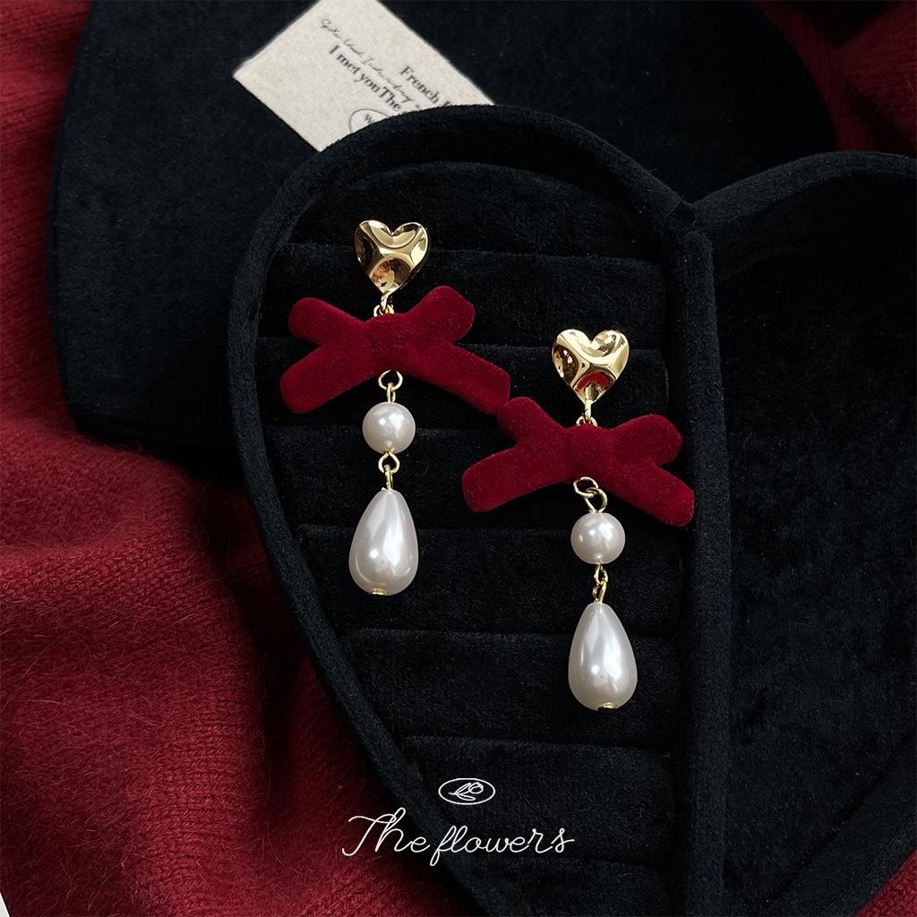 

Handmade Flocked Bow Long Christmas Earrings - Original Design