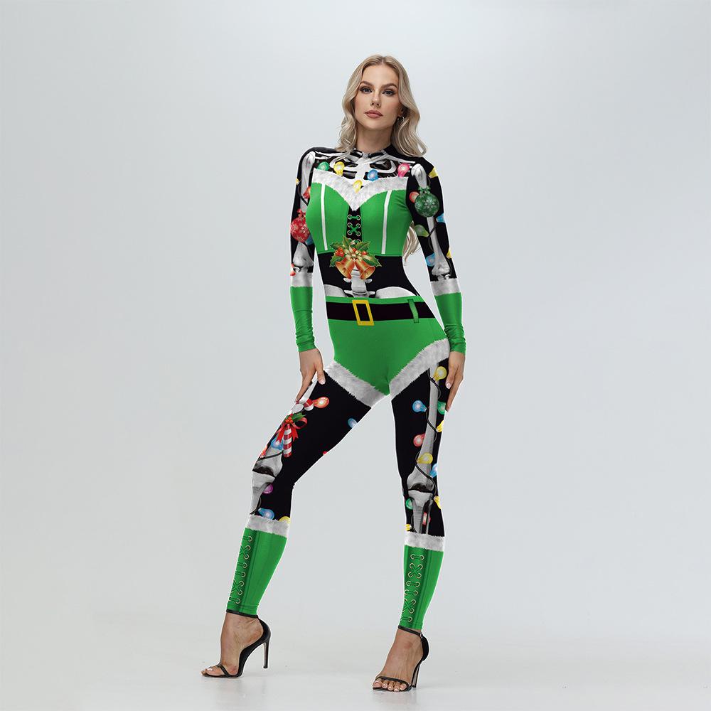 Women Funny Christmas Bell Accessories Digital Print Onesie Halloween Cosplay Costume Tights Stage Performance Suit