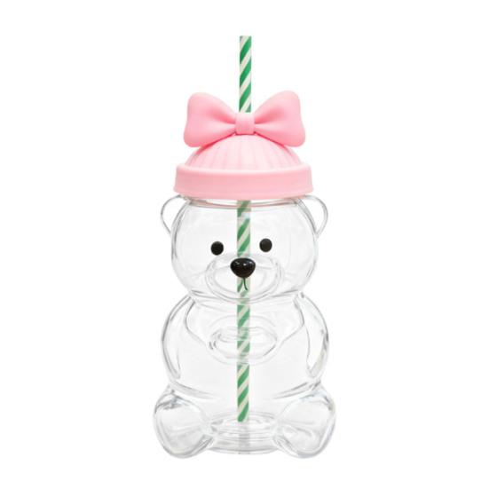 Teddy Bear Glass Sippy Cup with Straw BPA-Free 580ml Large Capacity Glass Tumbler for Cold Drinks Homemade Beverage Container