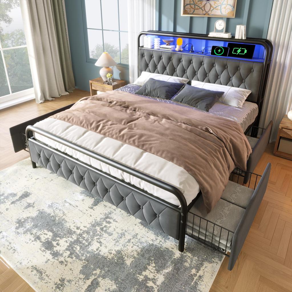 Upholstered Bed Metal Bed 90x200cm 2 Drawers LED Lighting Charging Function Storage Shelf Stable Metal Frame Storage Space Velvet Without Mattress Grey
