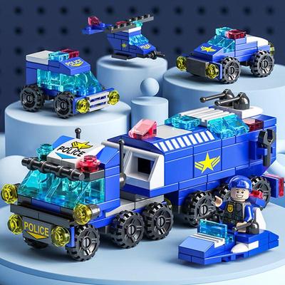 6IN1 Polizeiauto Feuerlöschboot DIY Hubschrauber Dinosaurier Modell Bausteine Stadt SWAT Fahrzeug Ziegel Spielzeug für Kinder Geschenk