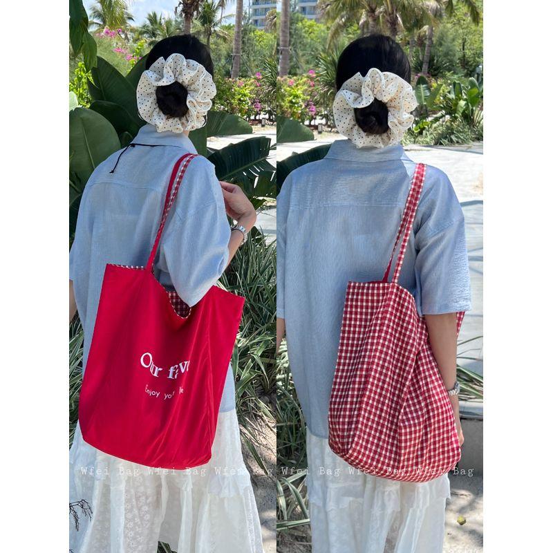 

Wfei Double-sided Can Carry Red Bag Letter Canvas Bag Korean Style Large Capacity Tote Bag Idle Style Shoulder Bag Women Our red