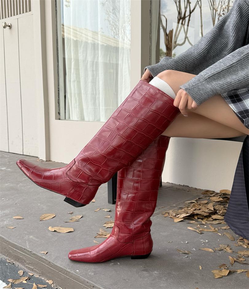 

Knight boots women s thick heel high heel straight boots autumn and winter new leather square head but knee boots women s high boots 39 красный