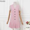 ZANZEA Women Elegant V-Neck Casual Sleeveless Pleated Dress
