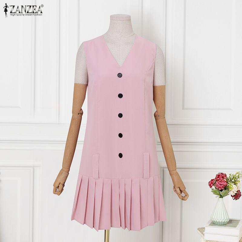 ZANZEA Women Elegant V-Neck Casual Sleeveless Pleated Dress