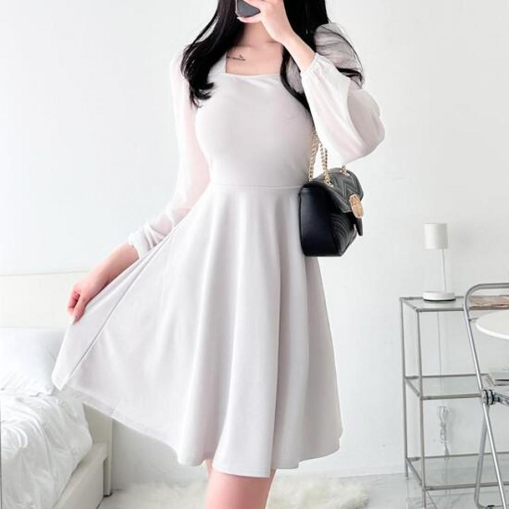 New Arrivals Open Run Summer Women Mini Dress Square Neck Chiffon Flare