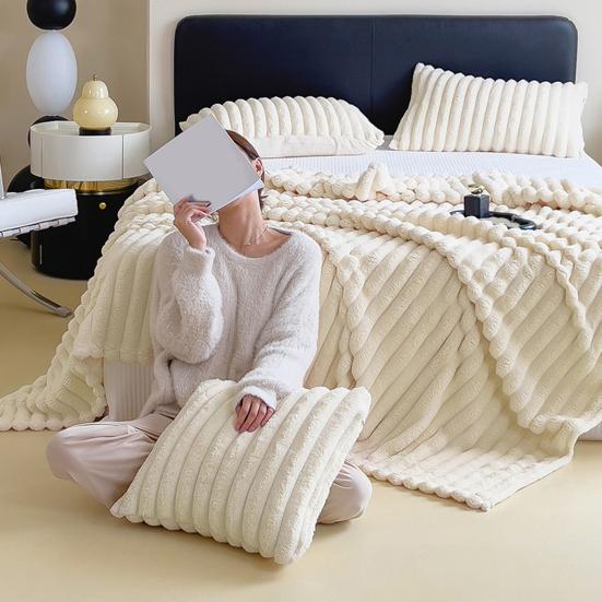 Furry Throw Blanket Cozy Plush Solid Color Fluffy Thick Striped Bubble Blanket Warm Blanket for Couch