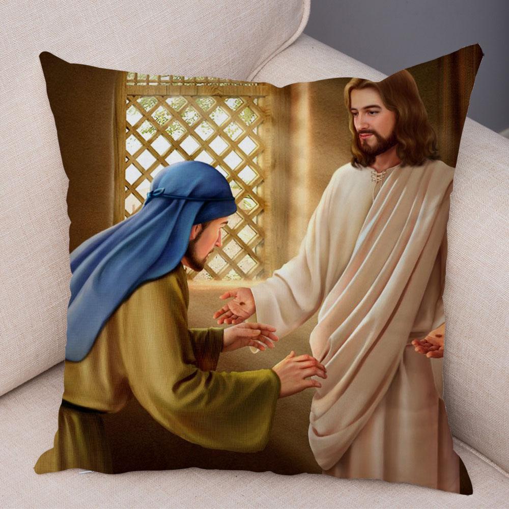 Vintage Jesus Christ Cushion Cover for Sofa Home Decor Colorful Cartoon Christ Savior Pillow Case Soft Plush Pillowcase xcm