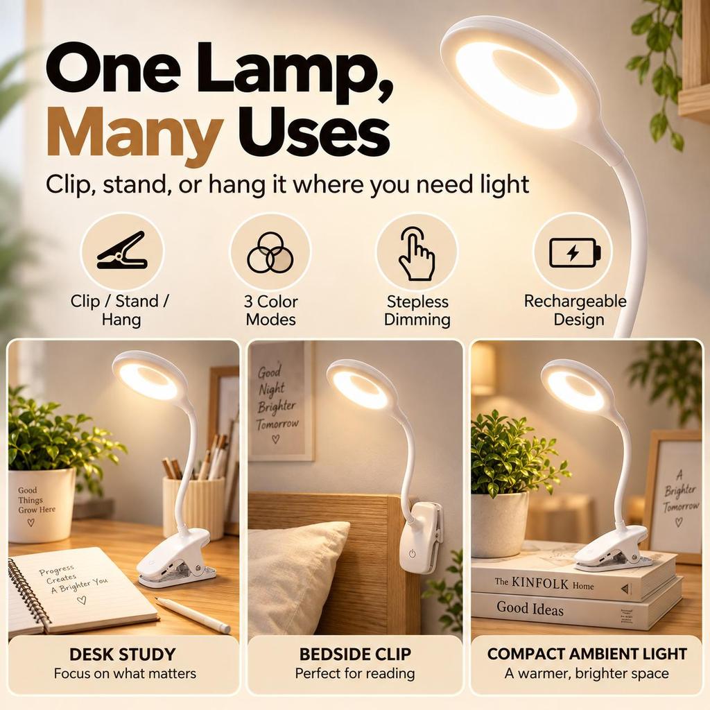 Clip on Rechargeable Reading Light for Bed, 3 Color x 3 Brightness 28 LEDs Desk Light, Eye-Caring Desk Lamp with Clamp for Headboard, Table, Desk
