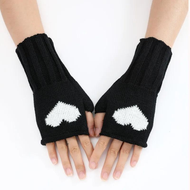 Botvotee Black Fingerless Gloves Women Winter Arm Warmers Y2k Accessories Knit Fashion Love Cute Short Hands Free Gloves Red