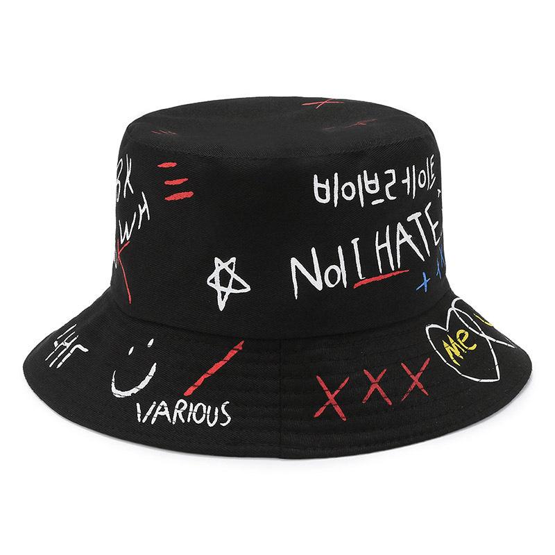 Letter Print Bucket Hat Hand-Painted Basin Hat Creative Couple Travel Hat Graffiti Love Sun Hat Sun Protection Hat Female