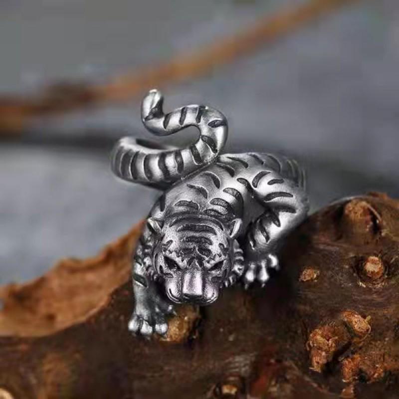 Adjustable Vintage Tiger Ring Men Women Copper Silver-Plated Open Band Zodiac Animal Jewelry