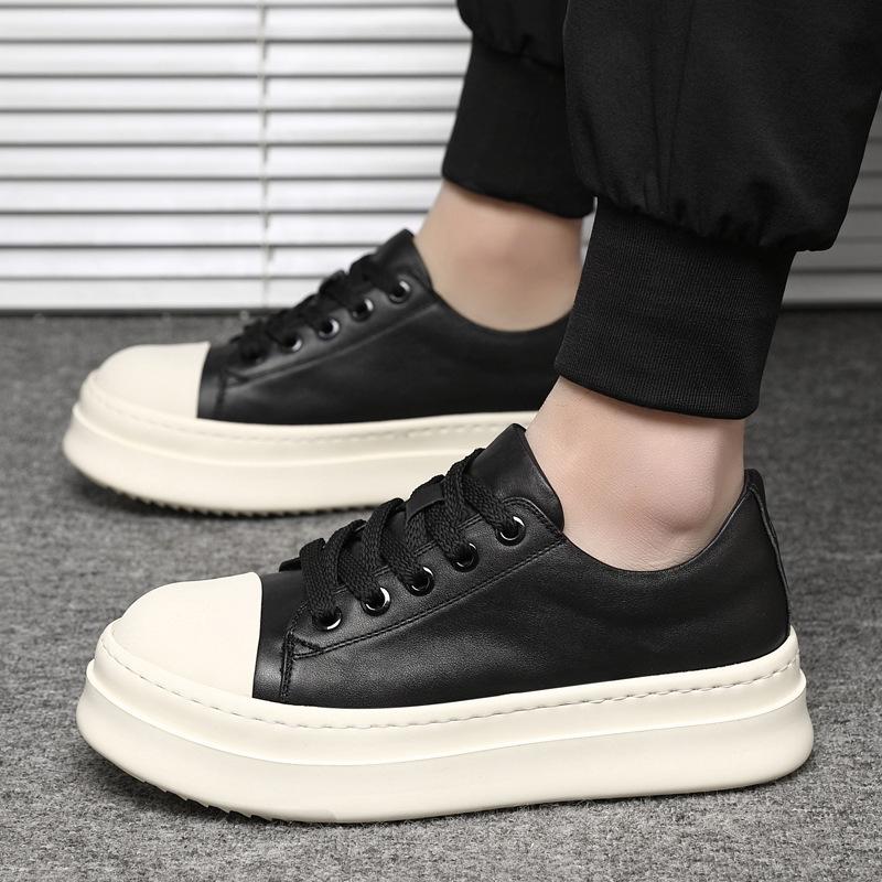 New Shoes for Men Genuine Leather Casual Platform Shoes American Trend Thick-soled Flat Skateboard Shoes Young Lace-up Sneaker
