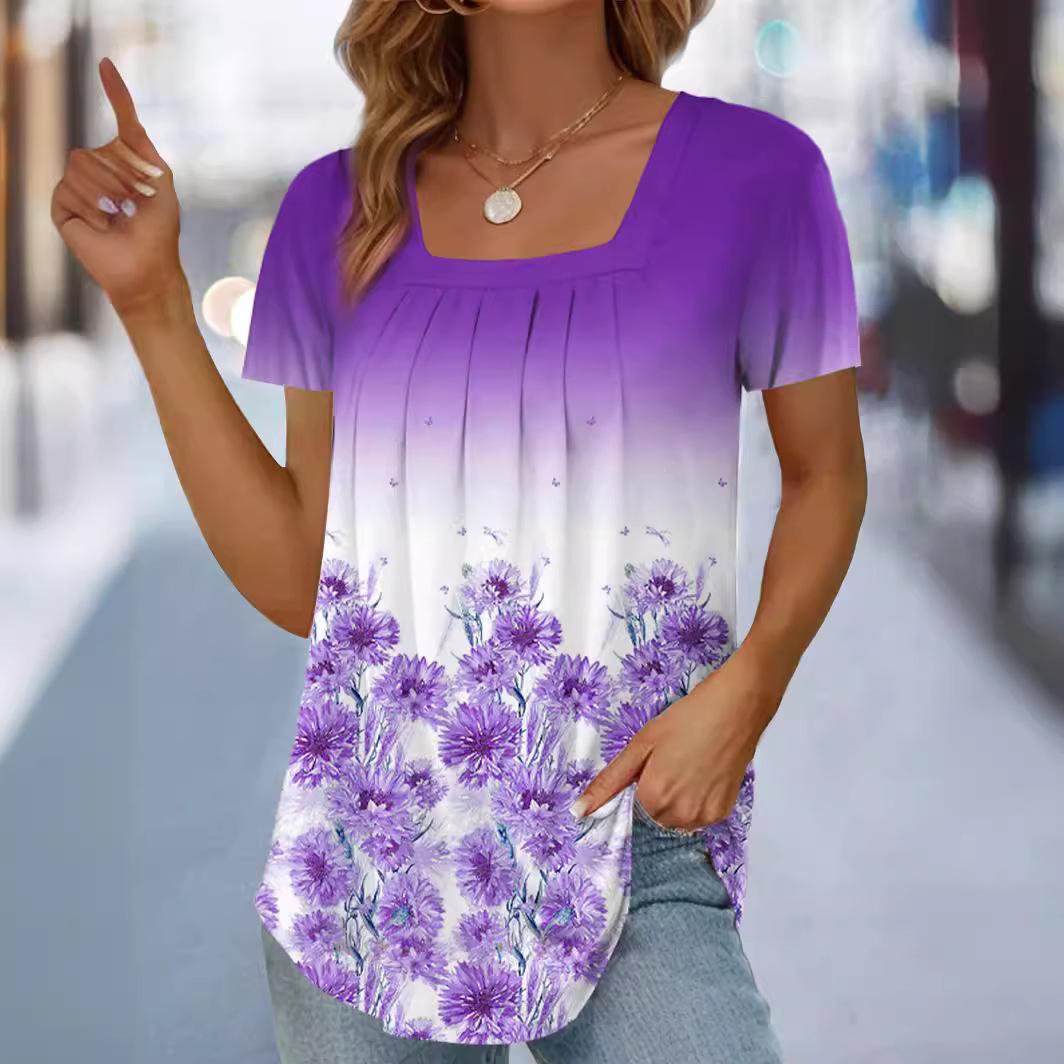 

2024 женская футболка с цветочным принтом, плиссированный пуловер с квадратным вырезом и короткими рукавами, женская летняя повседневная футболка, рубашки для отпуска 5XL