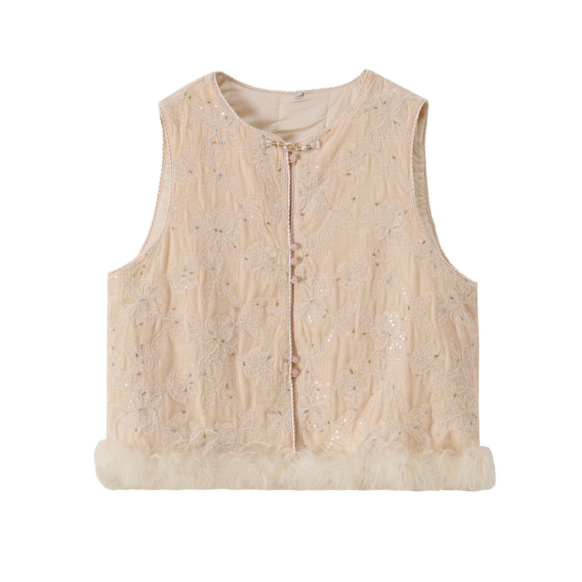 

Ostrich Feather Trimmed Cotton Vest - Winter 2025 Chinese Style 4XL (191-220 lbs)