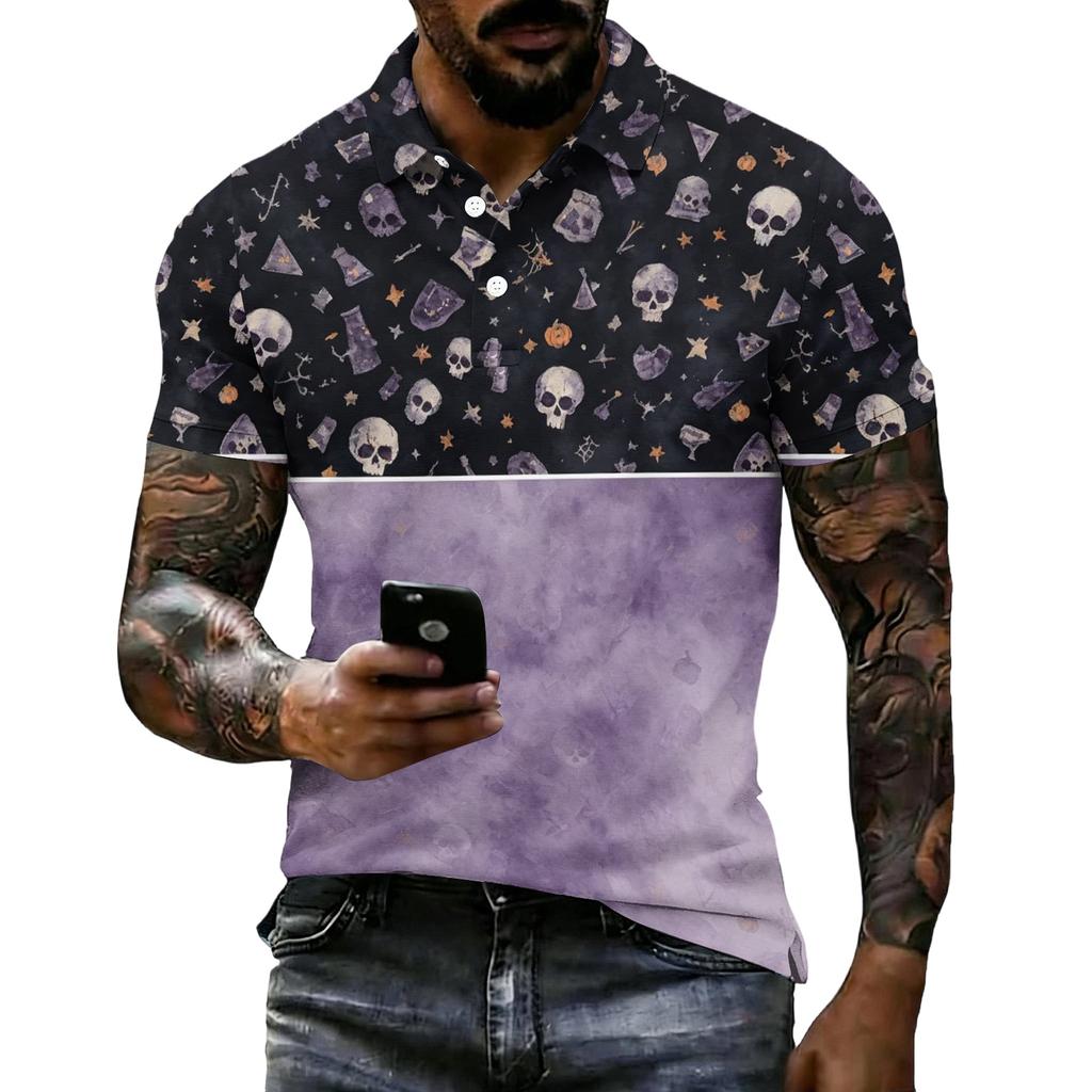 Men's Halloween Print Short Sleeve Polo Shirt Loose Fit Casual Summer Daily Wear Button Down Collar Top